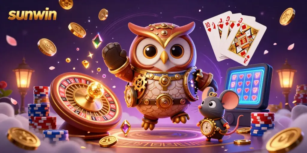 Experience winning strategies with sunwin in a vibrant, dynamic casino scene featuring steampunk elements and lucky symbols.