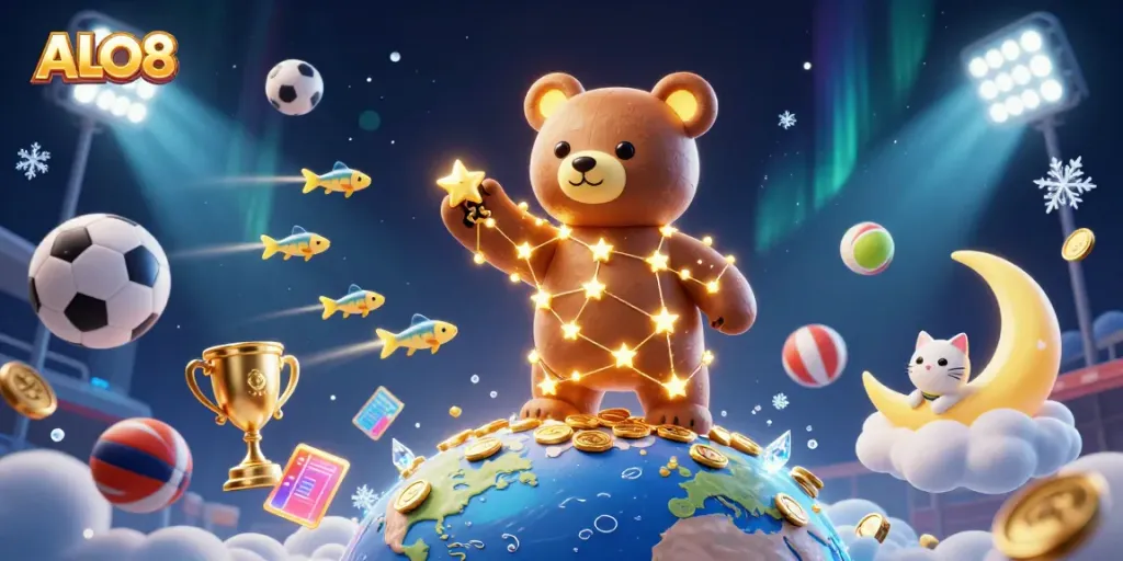 Engaging scene with ALO8’s constellation bear scooping coins surrounded by dynamic sports elements and magical effects.