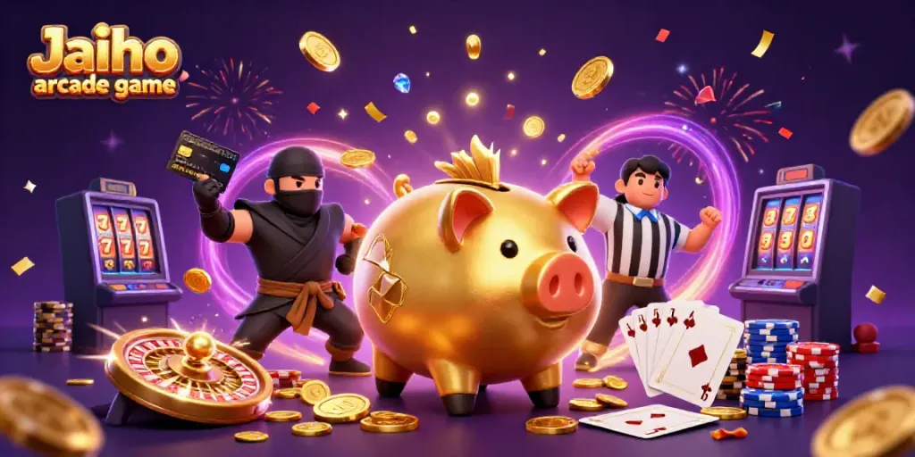 Experience the excitement of the Jaiho arcade game with a thrilling scene featuring dynamic characters and casino elements.