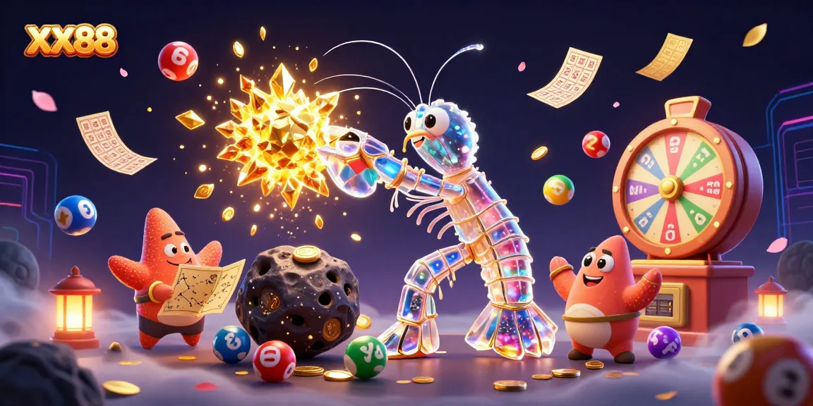 Engage with the thrilling world of XX88 as the cartoon mantis shrimp triumphantly breaks an asteroid, showering gems.