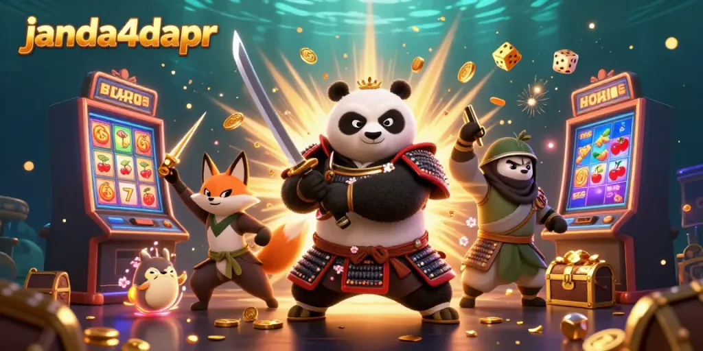 Gambar menarik janda4dapr menampilkan samurai panda dan ninja fox dalam suasana kasino modern.