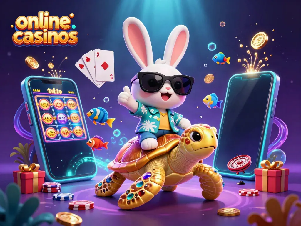 Experience thrilling online casinos with a lucky rabbit and golden turtle surrounded by gaming elements
