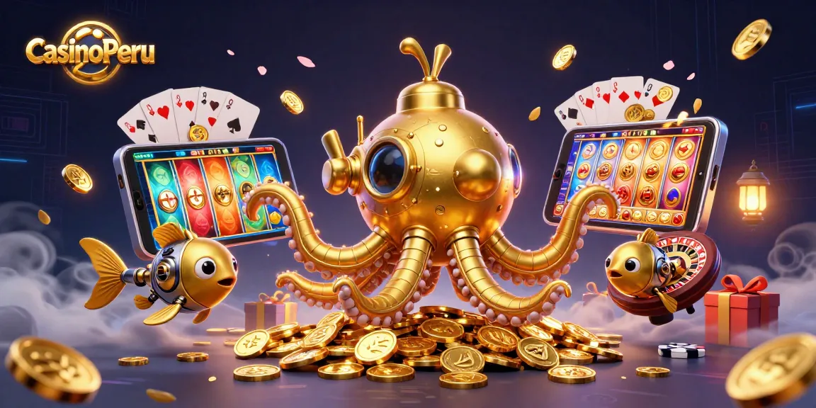 Vive la emoción en CasinoPeru con tragamonedas en 3D y un kraken dorado rodeado de monedas.