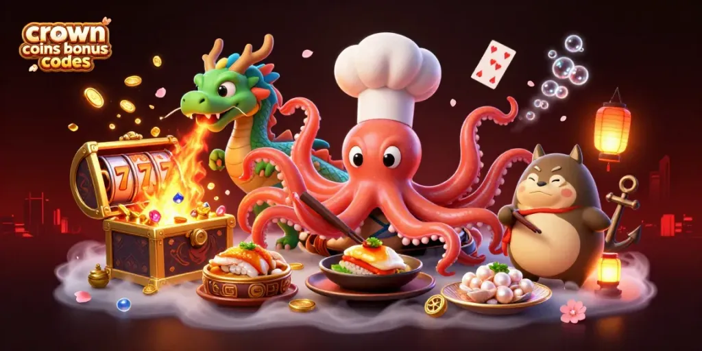 Crown coins bonus codes offer exciting gameplay under captivating casino-themed art featuring vibrant characters and slot elements.