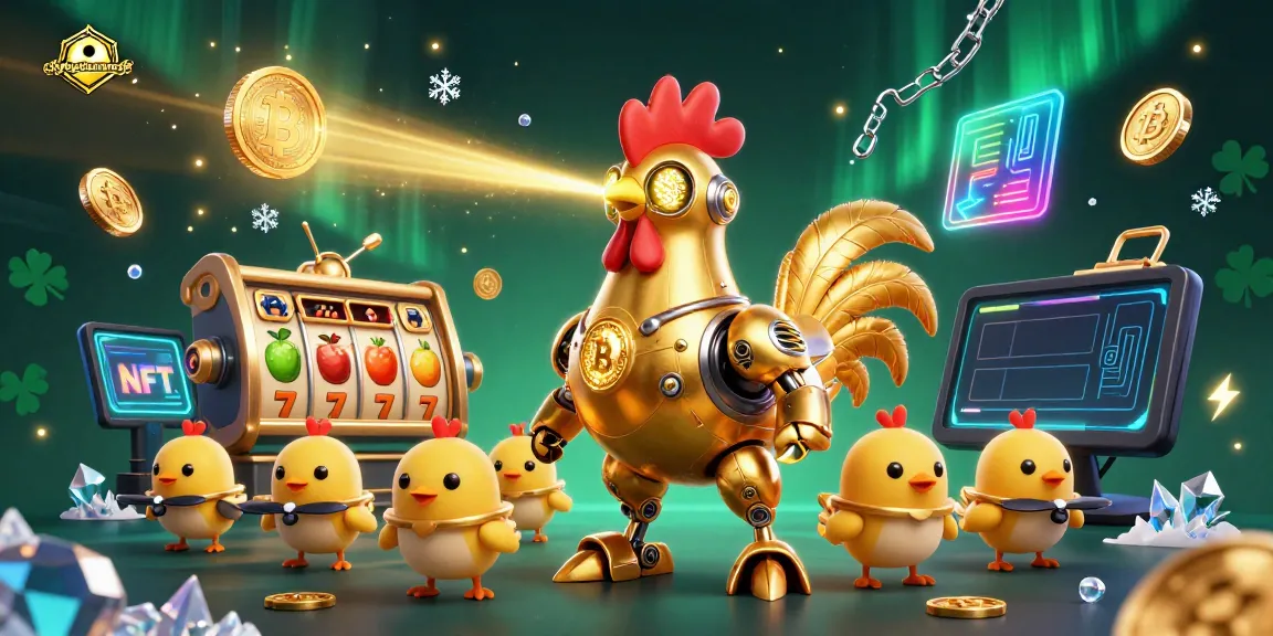 Menangkan jackpot dengan citybagelandcafe, ilustrasi robot ayam emas futuristik di kasino.