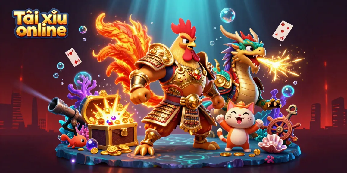Experience the thrill of Tài xỉu online with this action-packed 3D casino scene featuring a rooster warrior and dragon.