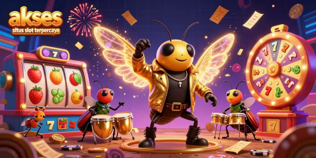 Mengakses situs slot terpercaya dengan karakter rock cicada animasi dari bawah tanah di lingkungan kasino yang meriah.