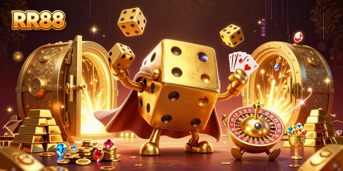Play and win big with RR88 in a dynamic, vibrant casino-themed illustration showcasing golden dice, jewels, and treasures.