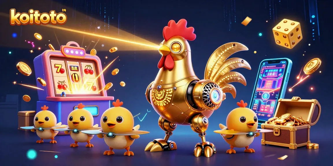 Koitoto engages players with an exciting 3D illustration featuring a golden rooster robot and baby chick drones in a vibrant casino scene