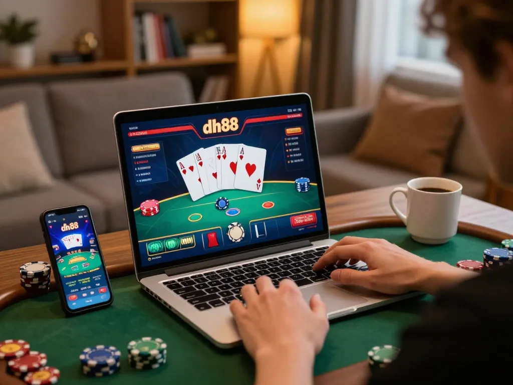 Person playing high-stakes poker on dh88 gaming platform at home, laptop displaying cards and chips.