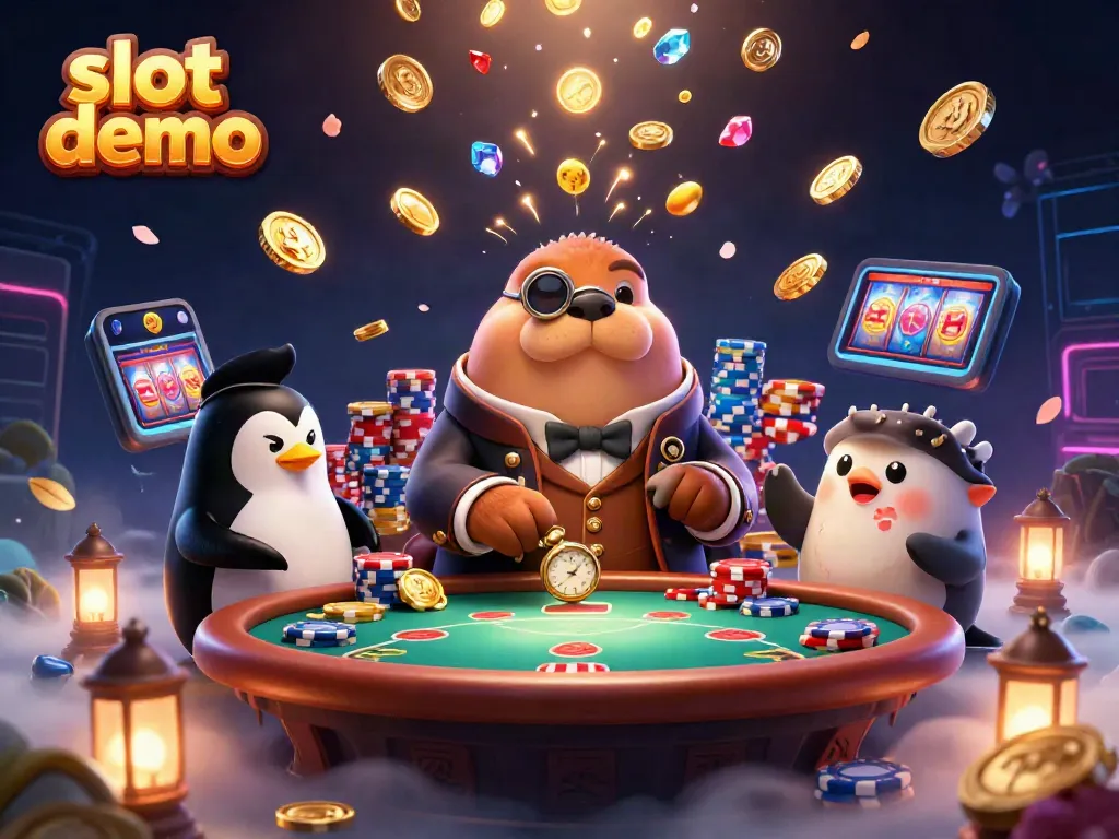 Mainkan slot demo dengan karakter lucu dan koin emas berjatuhan di sekitar mereka.