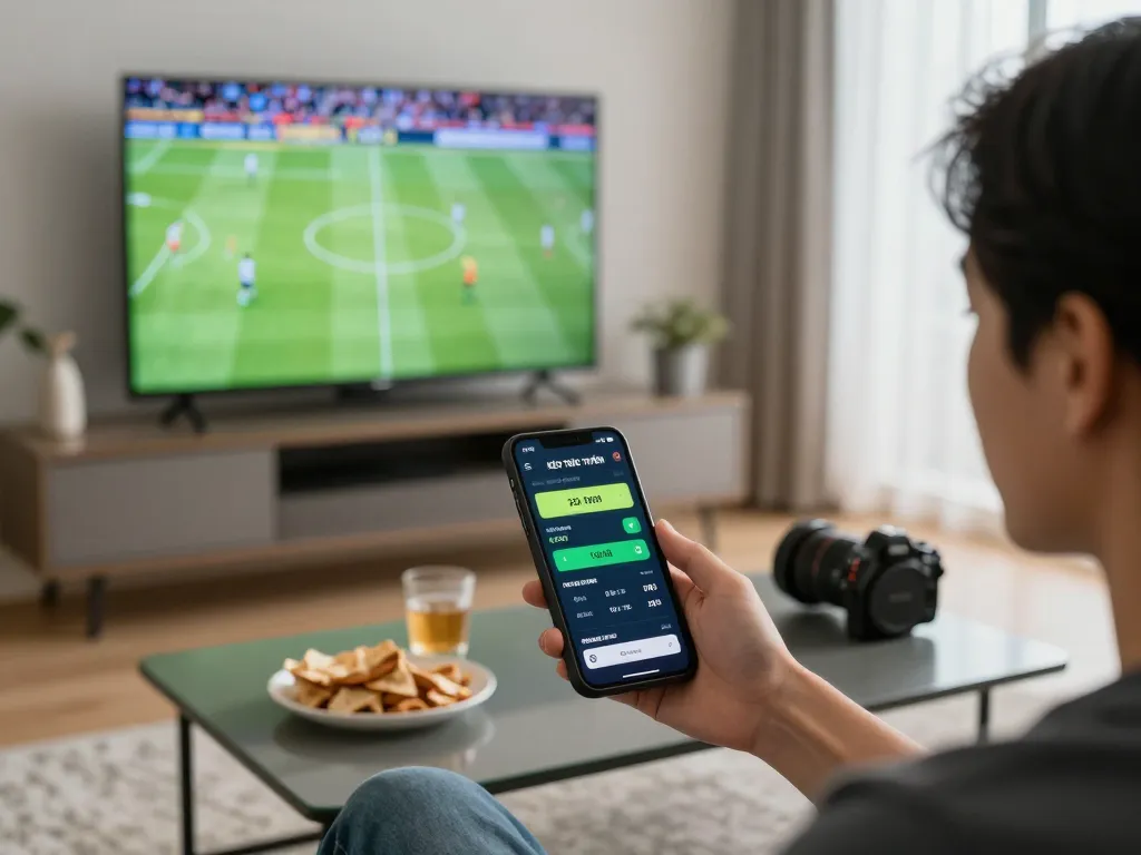 KÈO TRỰC TUYẾN used on mobile app during live football match betting, vibrant home scene