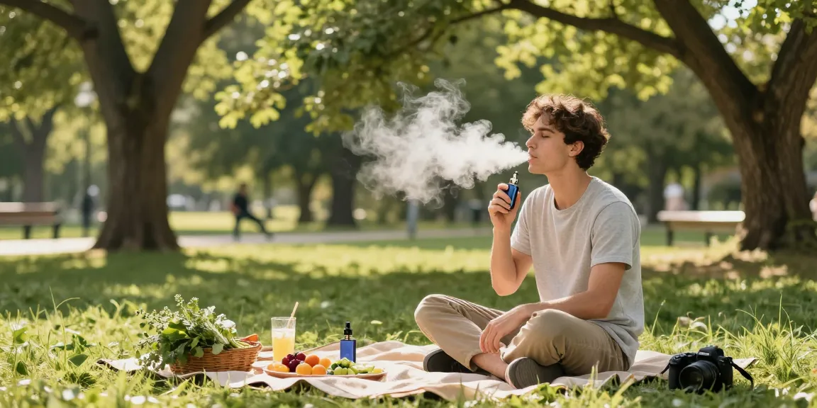 How To Vape: Enjoying a CBD-infused vape with fresh herbs in a serene park, highlighting natural wellness.