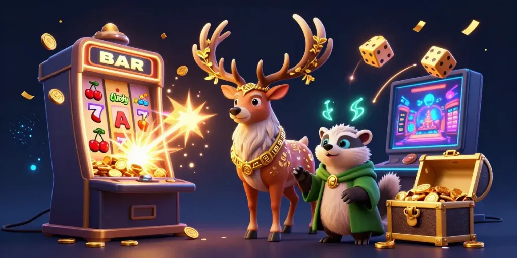 Permainan seru di NAGAHOKI303 dengan simbol slot dan karakter lucu di kasino.
