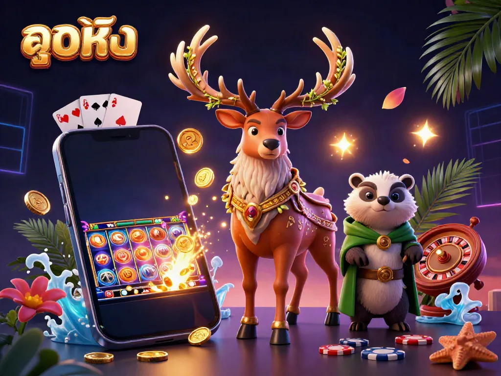 Explore ดูหนังออนไลน์ with vibrant casino characters amidst a thrilling gaming backdrop.