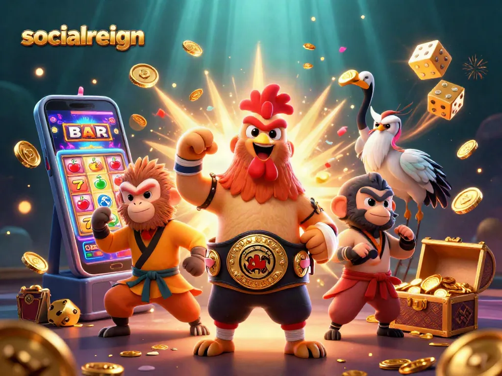 Experience thrilling wins with socialreign's dynamic slot machine scene, showcasing festive gaming elements