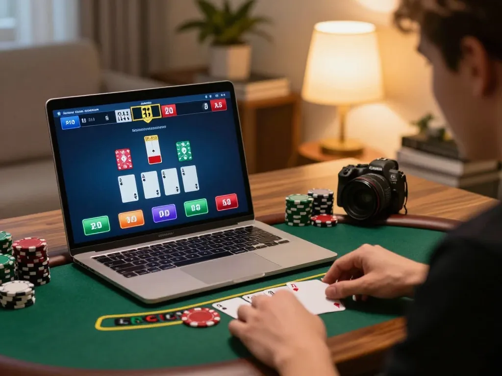 Engaged player at JUN88 playing live blackjack, illustrating responsible gambling environment with cozy atmosphere