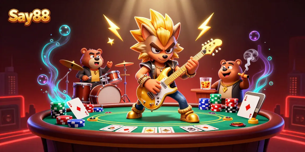 Say88 brings high-energy gaming to life with a vibrant rock star wolf shredding guitar on stage surrounded by dynamic casino elements.