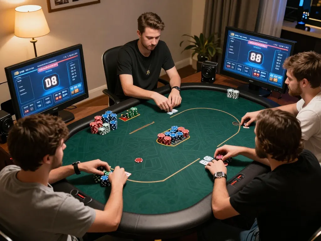 Players engage in a thrilling online poker game at Jun88, strategizing around virtual tables.