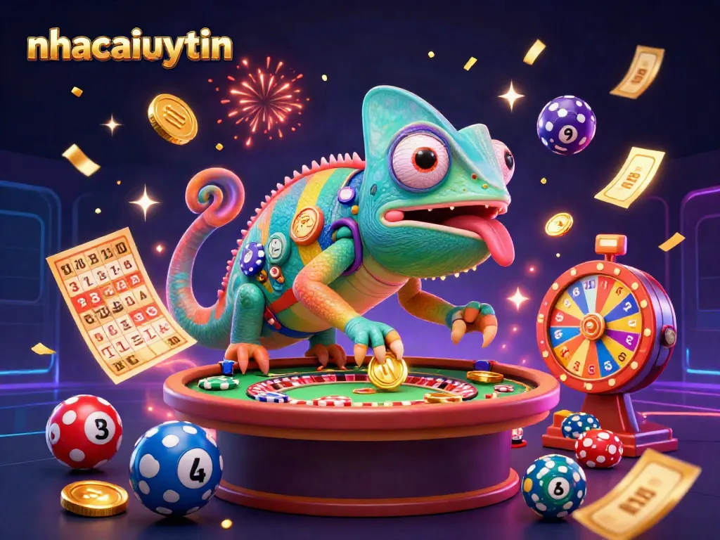 Engage in exciting wins with nhacaiuytin featuring a colorful chameleon casino owner amidst vibrant gambling elements.