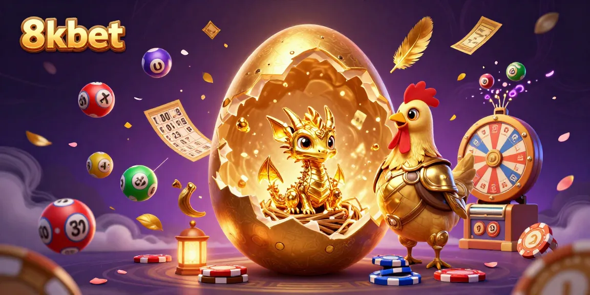 Engage with the thrilling experience of 8kbet, featuring a golden dragon amidst vibrant lottery elements and shining poker chips.