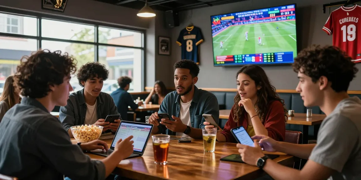 Fun88Thailand sports betting scene in a lively bar with friends placing bets and watching games.