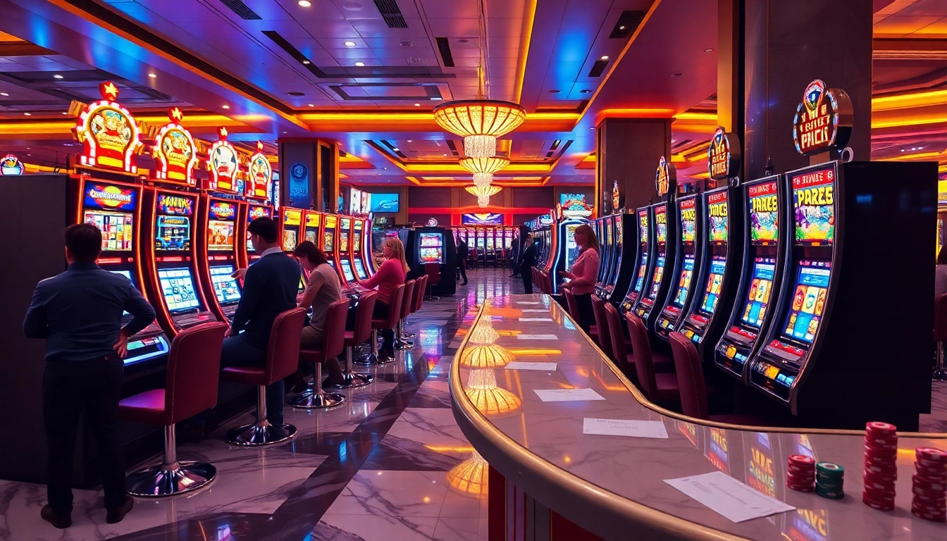 Exciting slot machines in a luxurious casino, showcasing vibrant graphics and eager players.