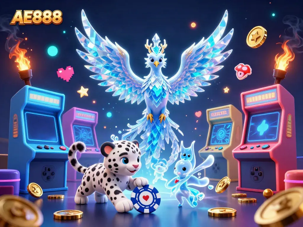 Experience the excitement of AE888 with a vibrant 3D fantasy casino scene featuring gaming elements.