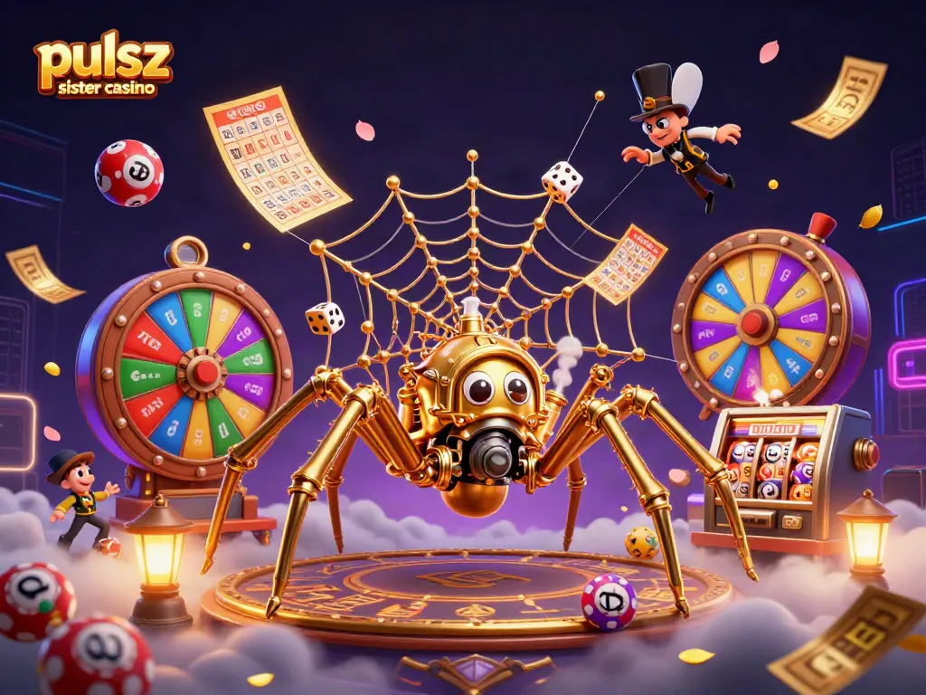 Pulsz sister casino presents an exciting scene with a steampunk spider and bouncing lottery balls.