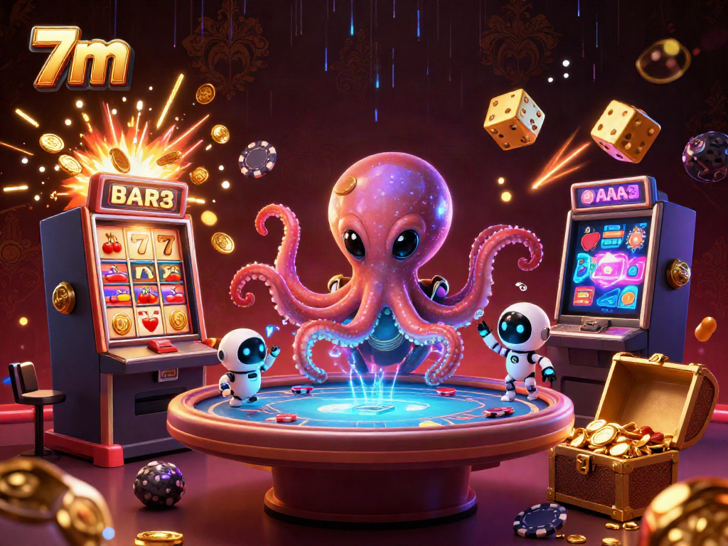 Experience thrilling action as the 7m octopus navigates poker and casino games in a vibrant cosmic scene.