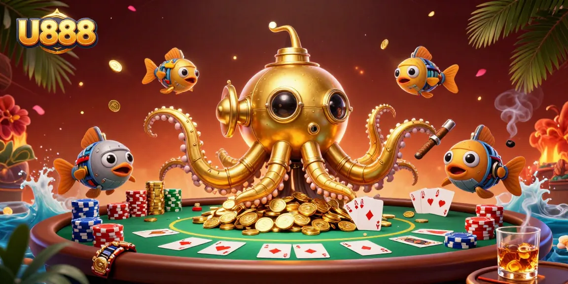 Reveal winning strategies with U888's vibrant casino atmosphere featuring a golden kraken submarine.