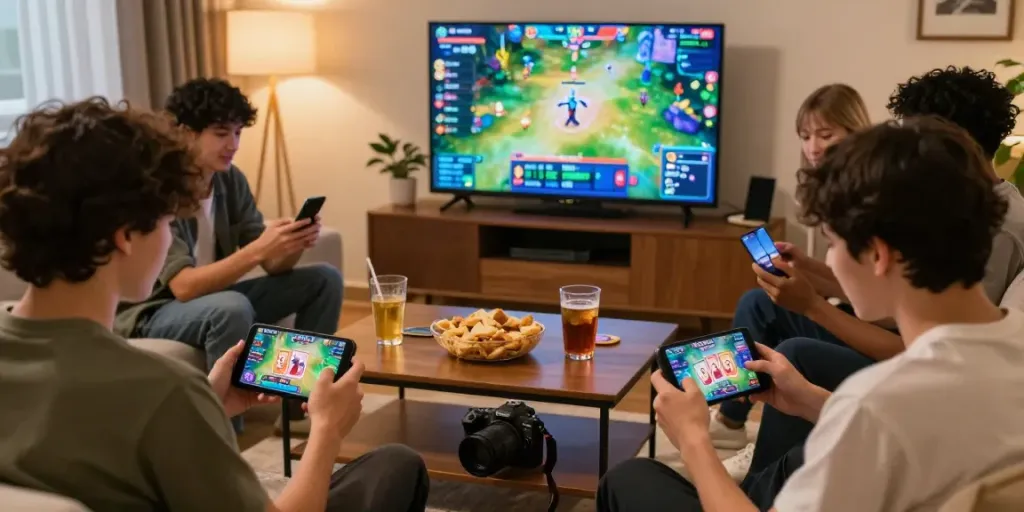 Players enjoying 3 Patti No1 in a cozy setting, showcasing mobile gameplay and interactive graphics.