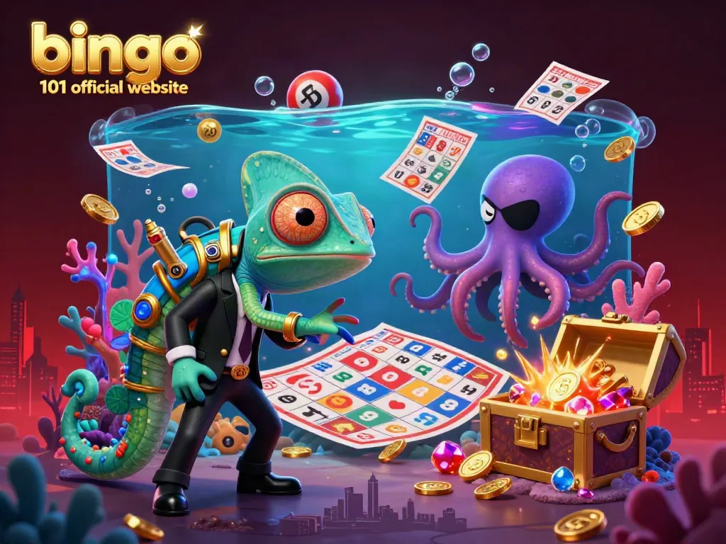Win at bingo 101 official website with an exciting underwater bingo scene featuring vibrant characters and elements.