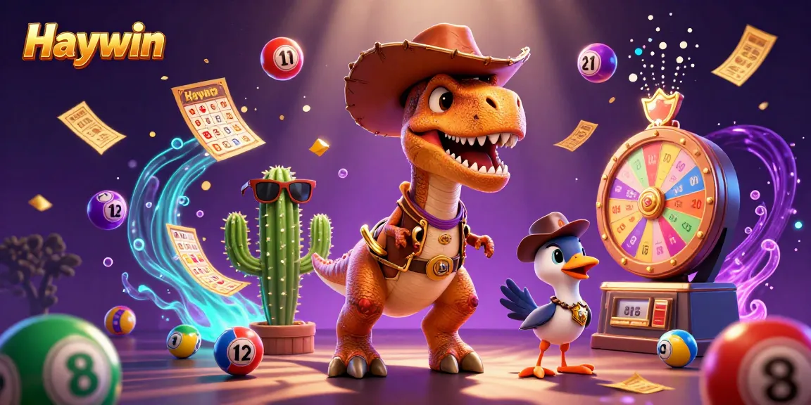 Haywin promotion featuring a dynamic scene with a T-Rex, cactus, and roadrunner engaging in lottery excitement.