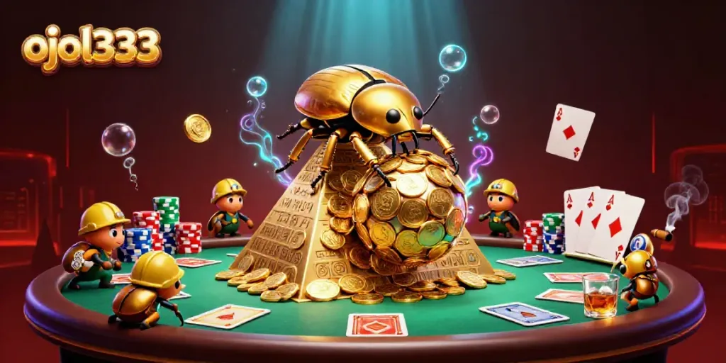 Experience the dazzling Ojol333 gaming world with vibrant golden coins, poker elements, and interactive beetles.