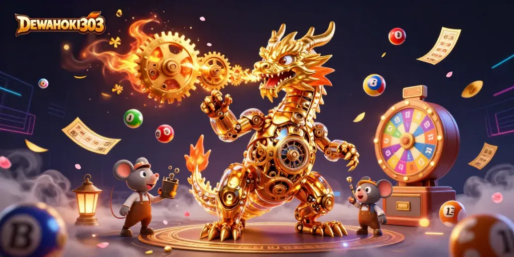 DEWAHOKI303 menghadirkan ilustrasi kasino dengan naga emas dan elemen bal lottery yang berwarna-warni.