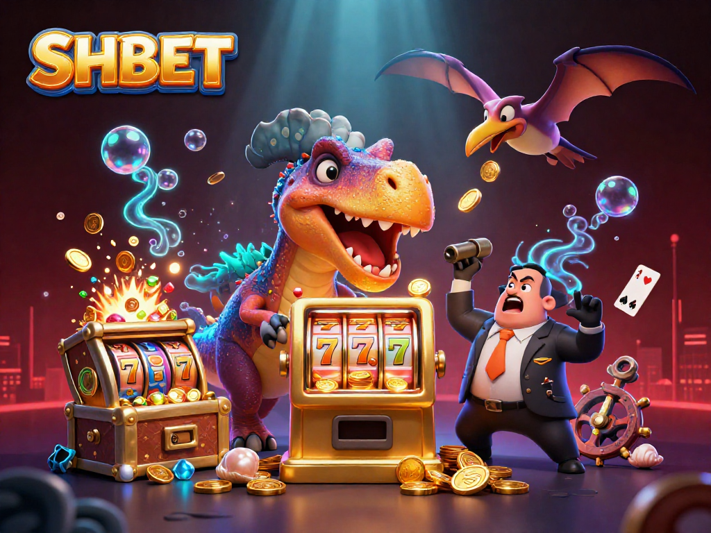 SHBET features a dinosaur character interacting with a slot machine amidst colorful casino elements.