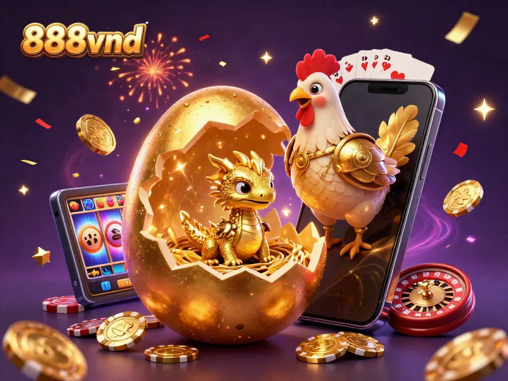 Experience 888vnd's vibrant casino world with golden treasures, poker chips, and exciting gameplay dynamics.
