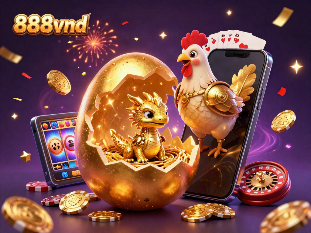 Experience 888vnd's vibrant casino world with golden treasures, poker chips, and exciting gameplay dynamics.