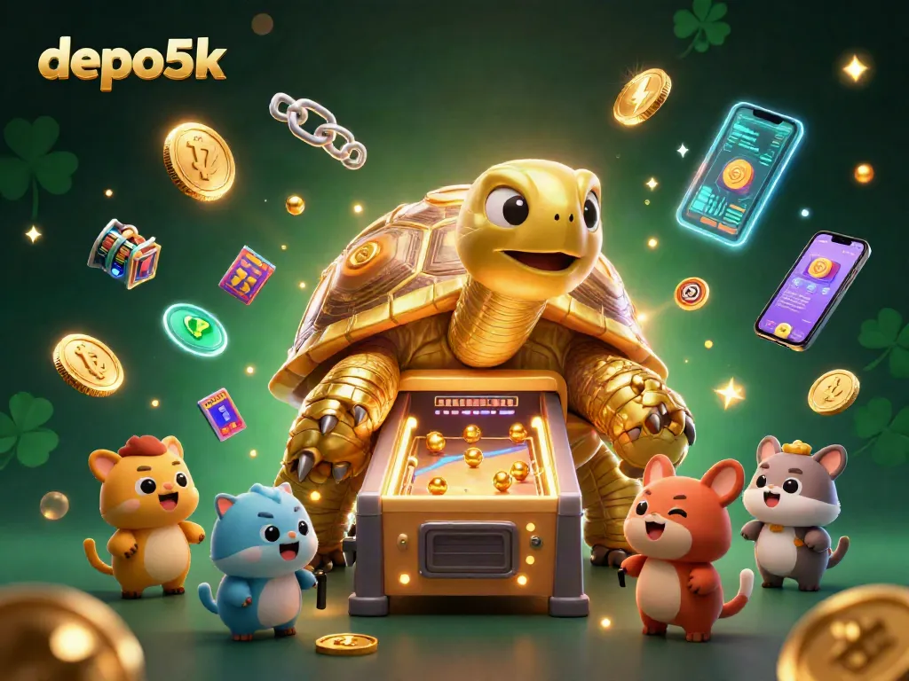 Experience the thrilling world of depo5k with an exciting scene featuring a golden tortoise, vibrant slot elements, and crypto coins.