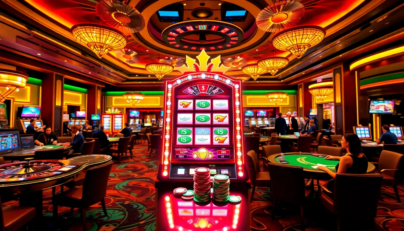 Players eager to win at a luxurious slot machine in a bustling casino atmosphere.