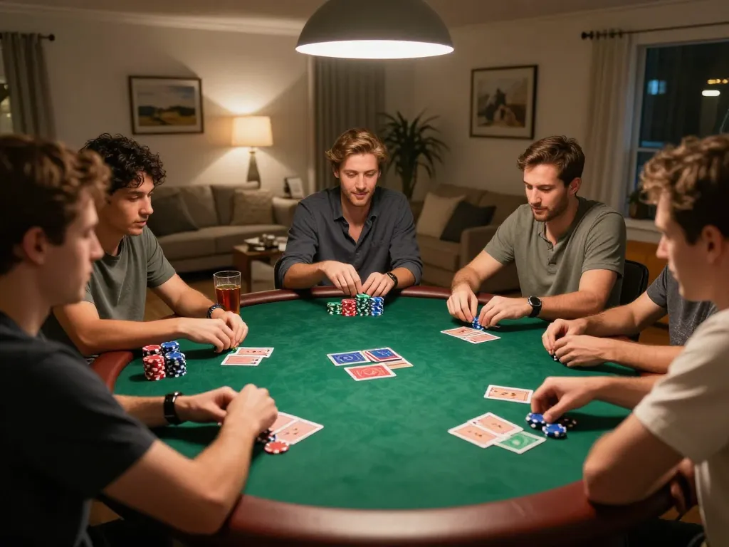 KJC players engaging in a lively home poker game with colorful chips and strategic card play.
