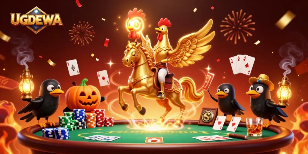 Experience the thrill of UGDEWA in this vibrant midnight casino scene featuring a golden rooster and poker elements.