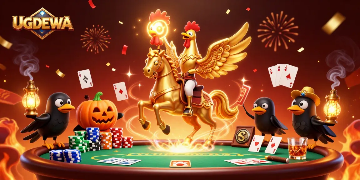Experience the thrill of UGDEWA in this vibrant midnight casino scene featuring a golden rooster and poker elements.