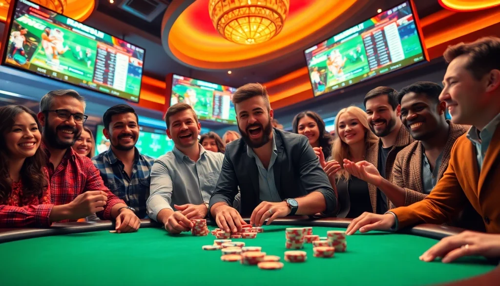 Experiencers enjoying online Betting in an exciting casino atmosphere, with colorful chips and live sports.