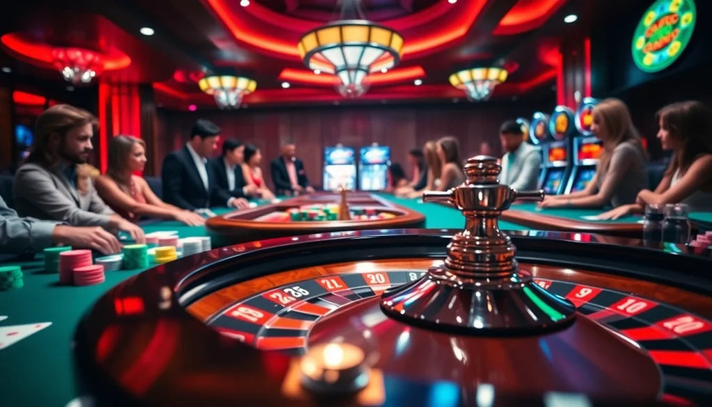 Engaged players enjoy a Casino experience at a vibrant gaming table with colorful chips.