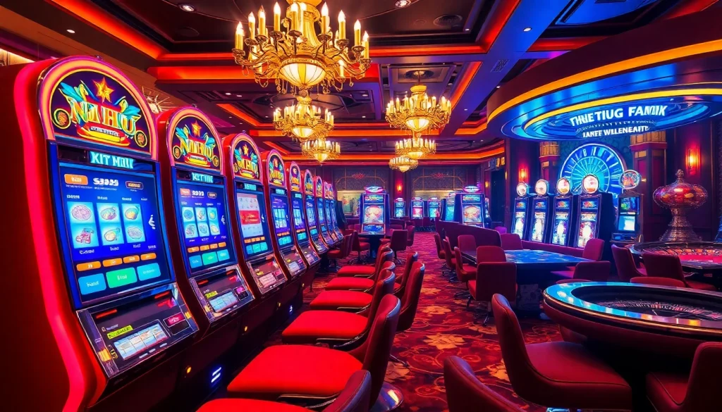 Intense gameplay at Nổ Hũ slots in a luxurious casino setting, showcasing colorful machines and vibrant atmosphere.