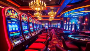 Intense gameplay at Nổ Hũ slots in a luxurious casino setting, showcasing colorful machines and vibrant atmosphere.