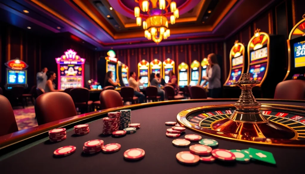 Engaging scene of a casino table with KK55 betting chips and vibrant games in full swing.