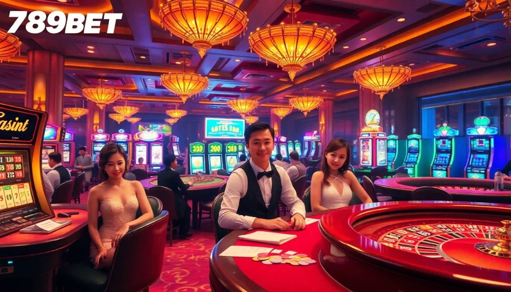 Exciting casino atmosphere at 789BET featuring vibrant gaming tables and players engaging.